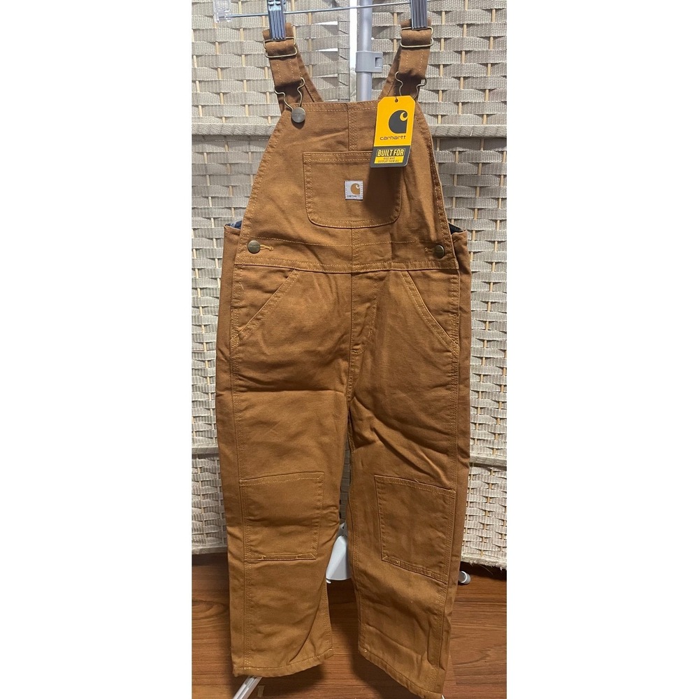 NWT Carhartt Kids Flannel Lined Duck Bib Overalls Brown Plaid Size 4T